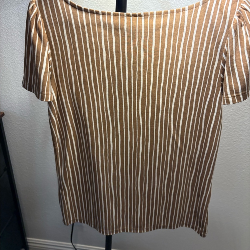 Ann Taylor Brown and White Striped Short Sleeve Top